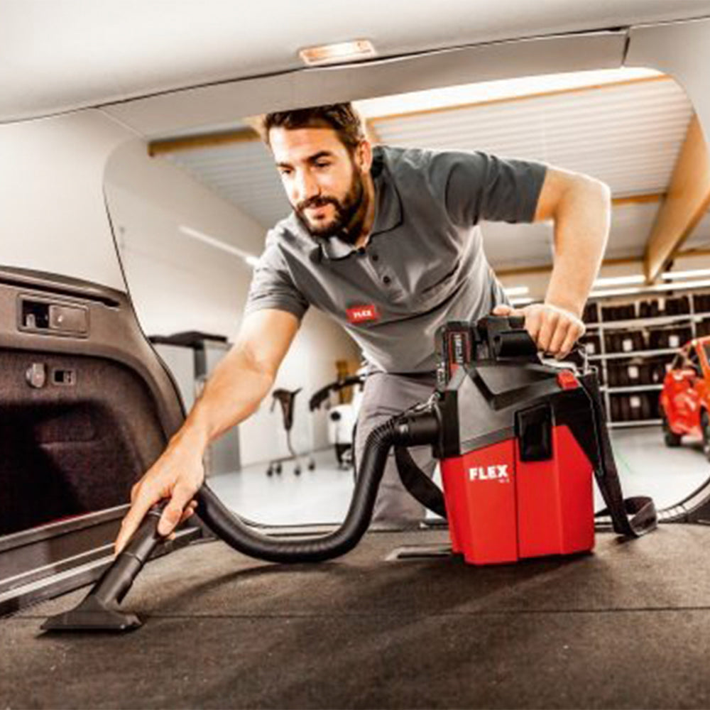 flex vc 6 l mc 18.0 cordless vac 18v vacuuming inside of car boot 