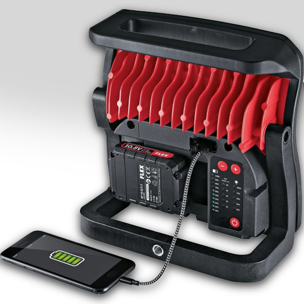 flex dwl 2500 10.8/18 v cordless detailing light being used to charge a phone